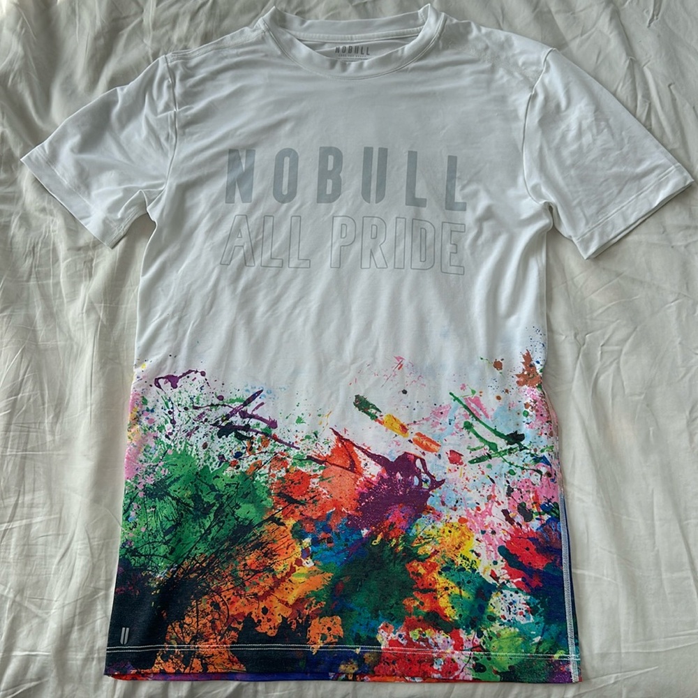 NOBULL White Short Sleeve Tee with Multicolor Paint-Splash Hem